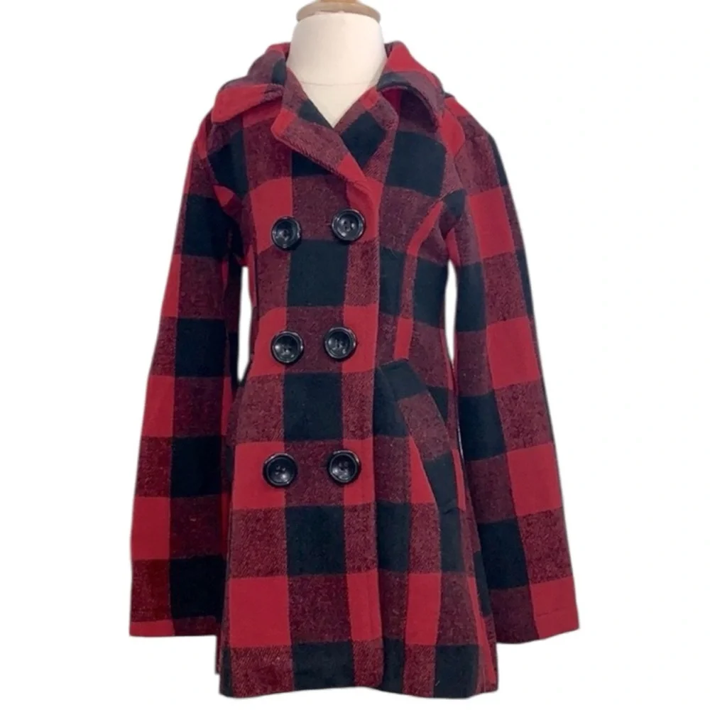 Me Jane Girls Red Black Plaid Double Breasted Coat Size 7/8 - Picture 1 of 5